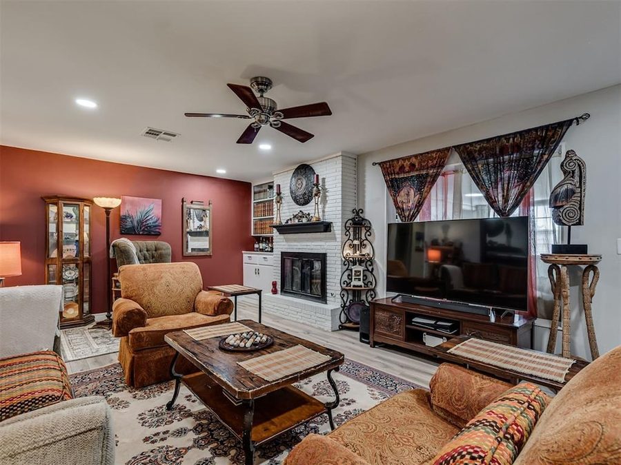 Living room with original built-ins and fireplace
