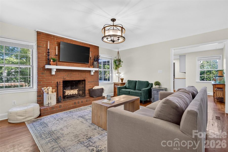 Great room with brick fireplace